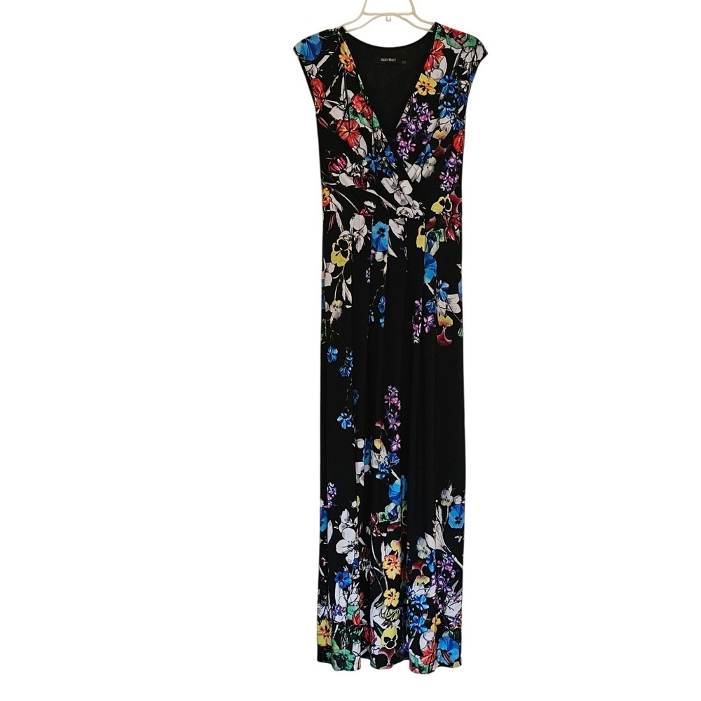Ellen Tracy Black Floral Print Sleeveless Wrap Maxi Dress Size 8